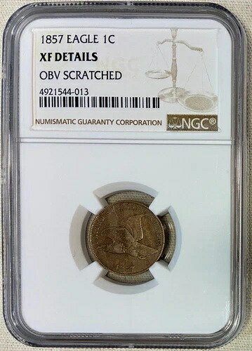 1857年フライングイーグルセント、NGC XF 詳細、表面に傷あり、鋭利なコイン！