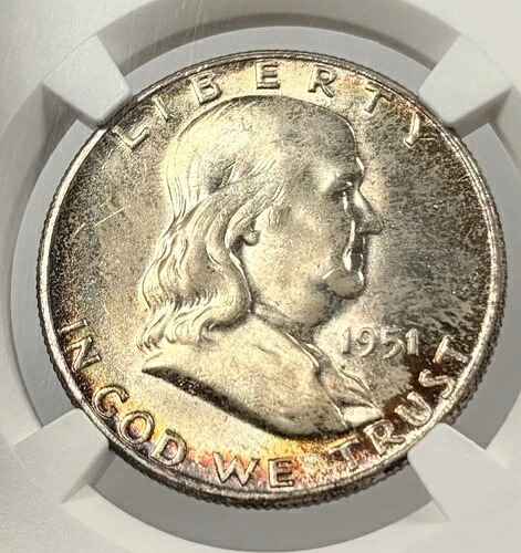 1951年 US フランクリンシルバー 1/2 ドル-NGC MS65-リムトーニング-
