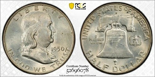 1950年 D フランクリン ハーフダラー PCGS MS 64 フルベルライン ソフト、かすかにグレーがかっている 44,330円
