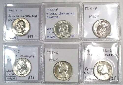 5個セット シルバーワシントンクォーターズ 1954-D～1959-D AS683-
