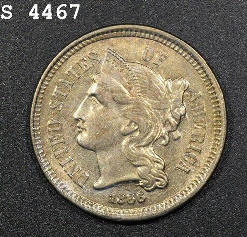 1866年 3セント硬貨（ニッケル）「CH BU」 *1点目以降は送料無料*