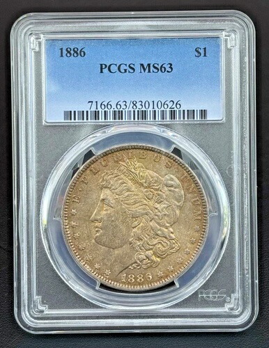 1886年 P $1 モルガン銀貨 PCGS MS 63、美しい金褐色の色合い