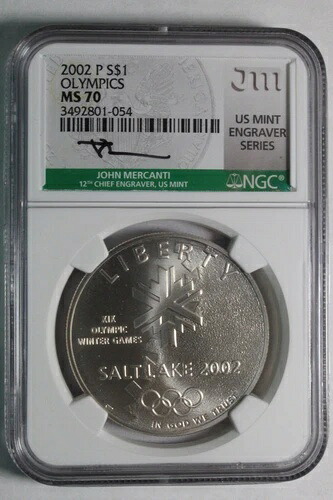 2002年 P $1 銀貨 記念オリンピック MS 70 NGC メルカンティ サイン入り