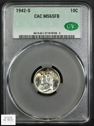 1942 S フルスプリットバンド マーキュリーシルバーダイム 10C CACG MS 65 FB CAC (トーン!)-｜WORLD RESOURCE【QUEEN店】