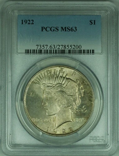 1922年 ピースシルバードル S$1 PCGS MS-63 ライトトーン (31 F)｜WORLD RESOURCE【QUEEN店】