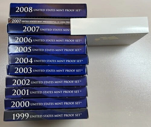1999-2008 US ミントプルーフセット OGP ボックス & CoA 109 コイン 10 年間セットロット-
