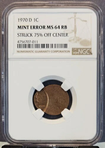 1970 D リンカーン セント 1C NGC MS 64 RB ミント エラー ストライク 75% オフ センター ナイス BU