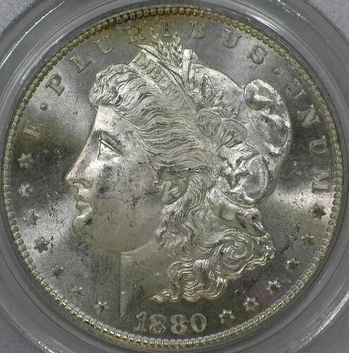1880年 S モルガン銀貨 PCGS MS64 認定 フロスティラスターグリーンラベルホルダー