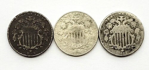 1869年、1876年、1882年のシールドニッケル