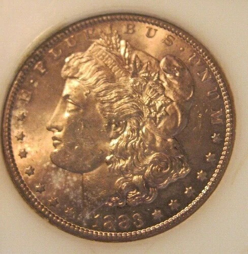 1883 CC モルガン銀貨 - UNC、表面全面トーン加工、シャンパントーン 4276