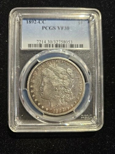 1892年製 モーガン銀貨 1ドル硬貨 カーソンシティ造幣局 鑑定済み PCGS VF30