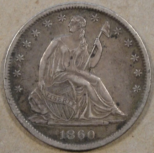 1860-S 着席自由の女神像 ハーフ 50 セント XF-AU