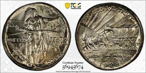 1928-P オレゴン シルバー ハーフドル 記念 50セント PCGS ミント ステート 66 MS 66