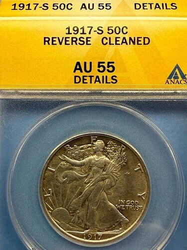 1917年 S リバース ウォーキング リバティ ハーフドル ANACS AU 55 ディテール-