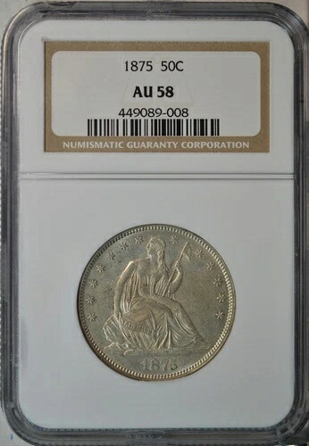 1875年 着席型ハーフドル貨幣、NGC AU58