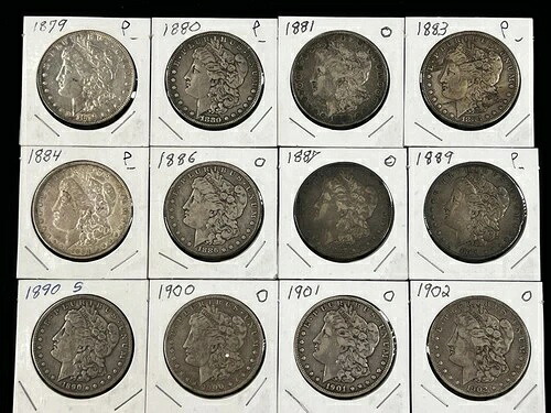 1921年以前のモルガン・ダラー銀貨、日付の異なる1ドル硬貨12枚セット