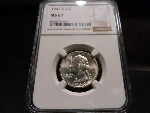1943-S MS67 ワシントン銀貨 25セント NGC認定 極上宝石 - ホワイト