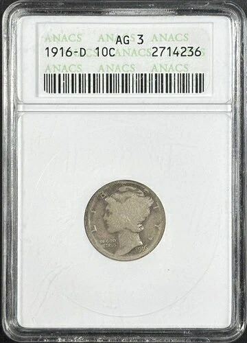 1916-D 10C マーキュリー ダイム - ANACS AG3 - 古い石鹸箱ホルダー! 216,150円