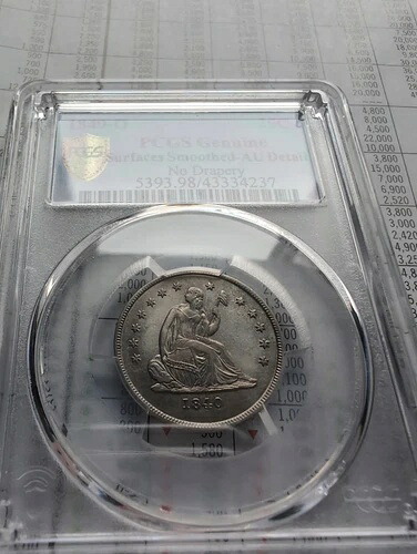 希少な1840年初頭のO座像自由の女神像クォーター、ドレープなし、PCGS AU詳細、金の盾