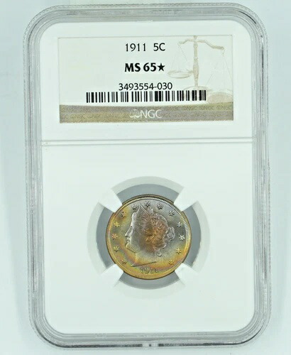 1911 NGC MS65* リバティV ニッケル カラフルレインボートーニング