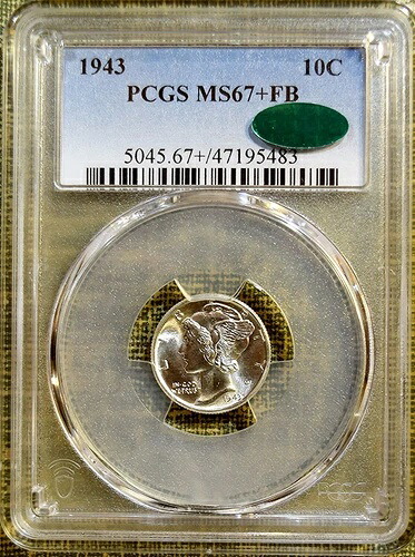 1943年 PCGS MS67+ FB マーキュリーダイム - 100% ブレイジングホワイト - CAC ステッカー付き