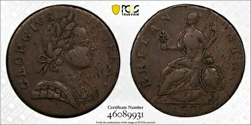 1778年 マチンズミルズ コロニアル銅貨 ハーフペニー - PCGS XF45