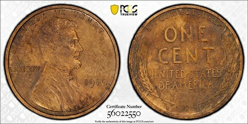 1910年 1セント マットプルーフ レッドブラウン リンカーンセント PCGS PR-63 RB