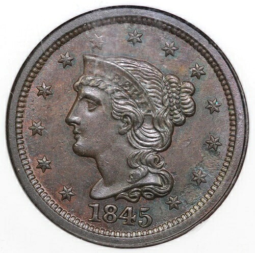 1845年 1セント N-3 編み込みヘア ラージセント NGC MS 63 EX; ジュール・レイバー