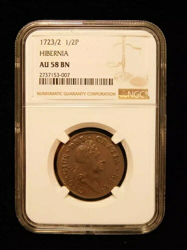 1723/2年ヒベルニア植民地銅貨ハーフペニー - NGC AU58 再鋳造