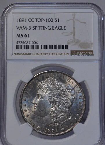 1891 CC $1 モーガン シルバー ドル トップ 100 $1 VAM-3 スピッティング イーグル NGC MS61 コイン