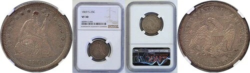 1869-S 25C 着席型自由の女神像 NGC VF-30
