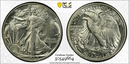 1942年 P ハーフダラー リバティウォーキング PCGS AU-58 ミントエラー|WORLD RESOURCE【QUEEN店】