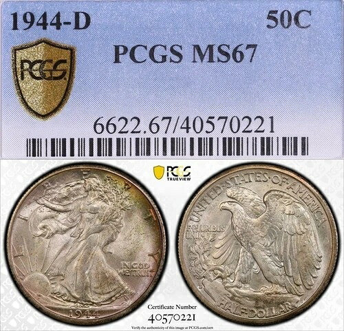 MS67 1944-D 50セントウォーキング・リバティ・ハーフダラー、PCGS Trueview- 素晴らしい光沢と色調|WORLD RESOURCE【QUEEN店】