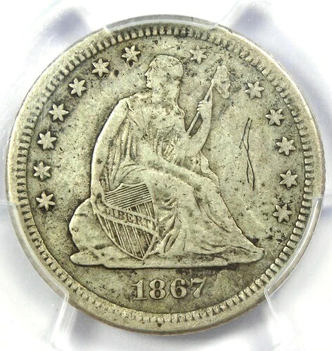 1867-S 着席自由の女神像 25 セント硬貨 - PCGS VF 詳細 - サンフランシスコで発行された希少なコイン!｜WORLD RESOURCE【QUEEN店】