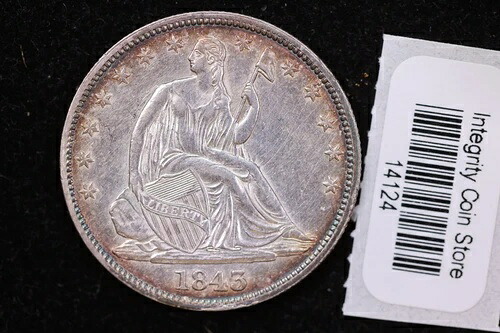1843年 リバティ・シーテッド・ハーフドル、未流通コイン、ボールドストライク。ストア番号：14124