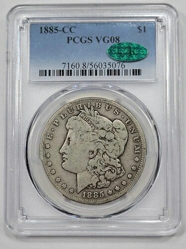 1885年CC $1 モルガン銀貨 PCGS VG08 CAC 希少キーデート流通品！ *K662