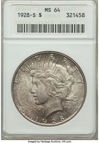 1928-S ピースダラー ANACS 64. - 重要日付。**eBayで最安値**