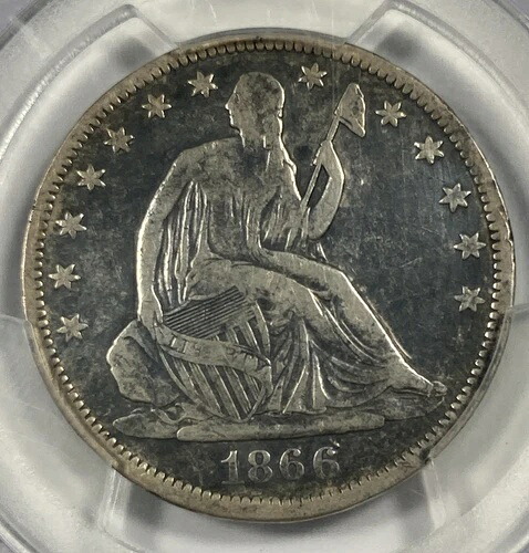 1866-S 着席型自由の女神像ハーフドル。.50。PCGS VF詳細。モットーなし。