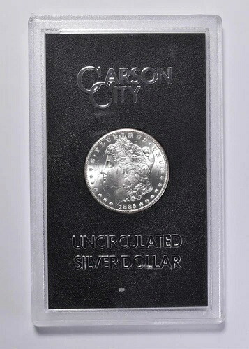 1885-CC GSA モルガン銀貨 - ジェムアンク、箱と鑑定書付き