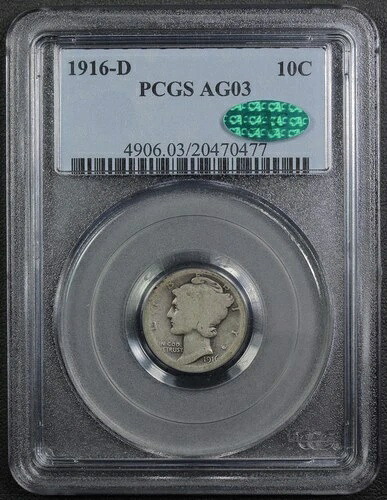 1916年 D マーキュリーシルバーダイム 10セント PCGS AG 03 CAC