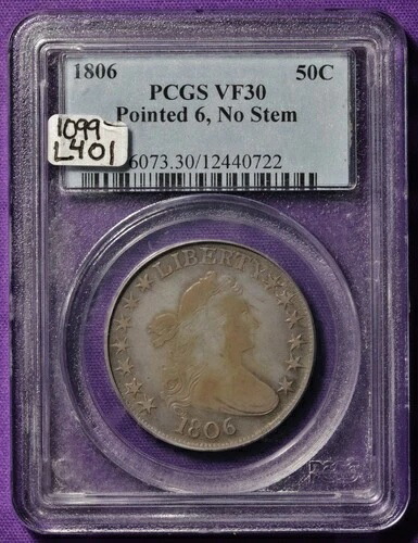 1806年製半身胸像。尖った「6」の刻印、脚なし。PCGSホルダー入り。VF30。L401