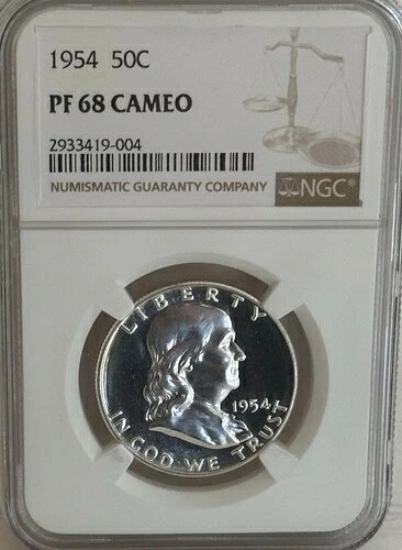 1954年 プルーフ フランクリン ハーフダラー 50セント、NGC PF 68 カメオ、PR68CAM