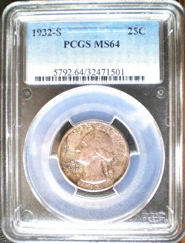 1932年 S 25C ワシントン クォーター、PCGS MS 64、キー日付、魅力的な色調、ニアジェム