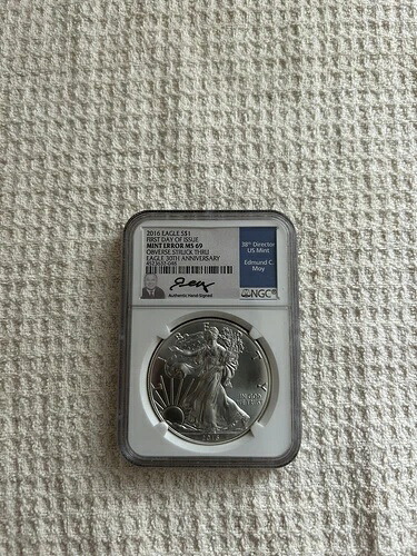 2016年 シルバーイーグル NGC ms69 エラー表面ストライクスルー。非常に希少なエド・モイのサイン入り。