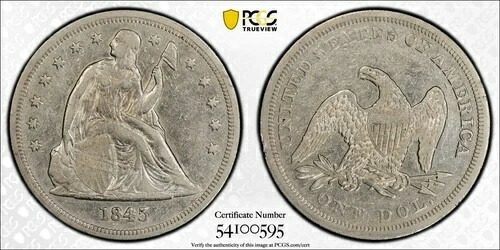 1845年 着席型リバティドル 50セント PCGS XF 詳細 90%銀貨 米国コイン #GS904-2