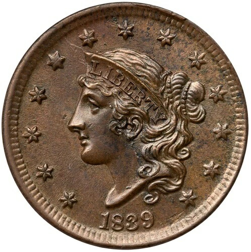 1839 N-9 R-2 ANACS MS 62 BN シリーヘッド マトロンまたはコロネットヘッド ラージセントコイン 1セント