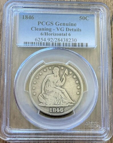 1846/6 横置き 6 着席リバティ ハーフ ドル - PCGS VG 本物 - 希少コイン!