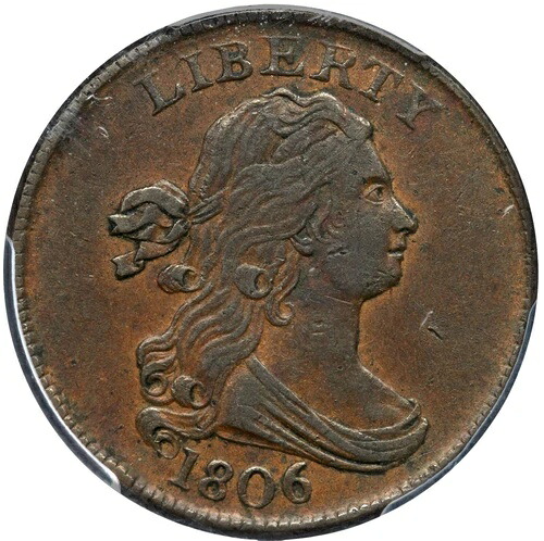 1806 C-1 R-1 PCGS AU 53 Sm 6、ステムなしドレープバストハーフセントコイン 1/2c