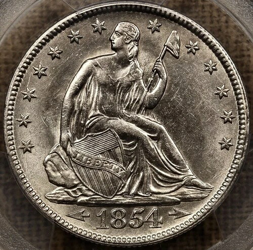 1854年 50セント 着席リバティ ハーフドル 50セント PCGS AU55 美しいフロスティホワイト