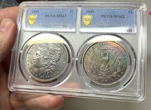 1880-P オリジナル 表裏ペア モルガンドル PCGS デュアルホルダー MS63/62 トーン 227,150円